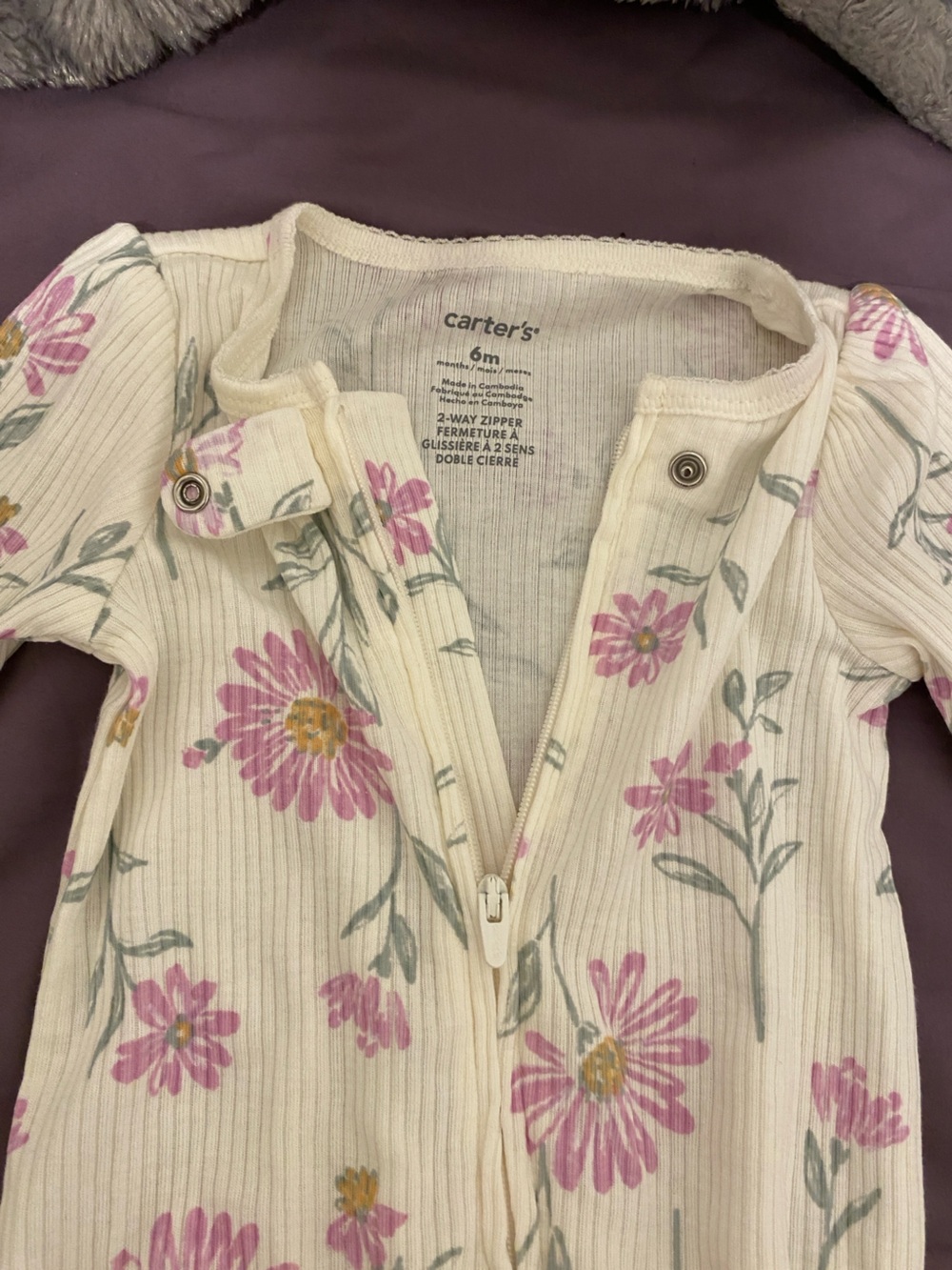 Carter's Cream Ribbed Baby Romper with Pink Floral Print